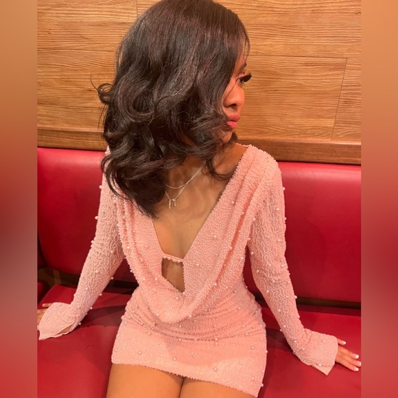 Gorgeous Blush Deep Plunge Embellished Bodycon Dress - Size US 6 - Picture 6 of 9